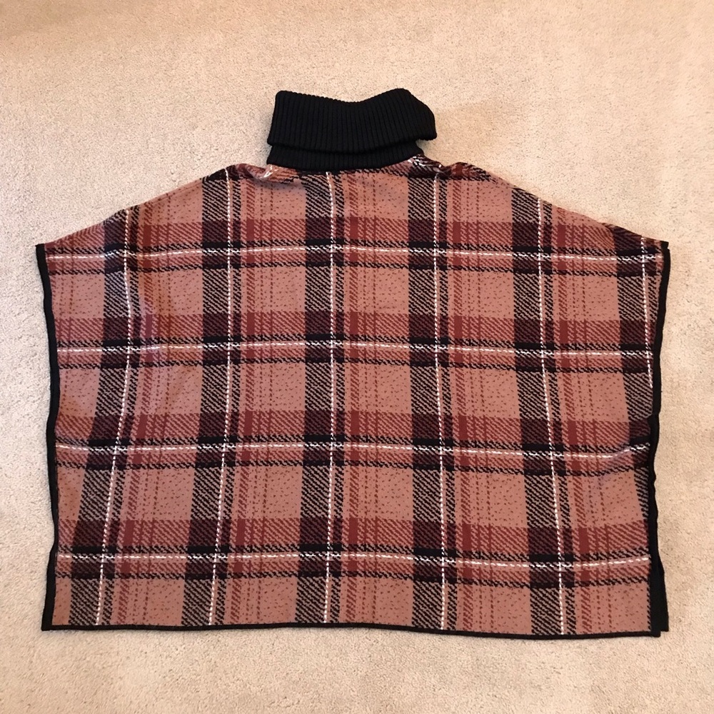 Tahari Brown Plaid Sweater Poncho Zip Up Small Medium Heavyweight Knit Pockets - Picture 3 of 10